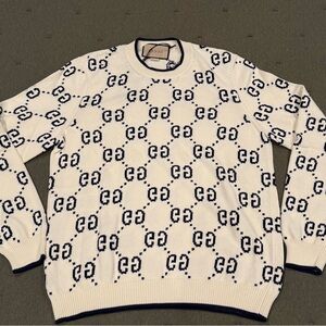 Gucci White and Navy GG Jacquard Crewneck Sweater